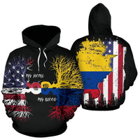 Zwei schwarze Pullover-Hoodies: Baumwurzel-Print vorn, „My home“ und „My blood“