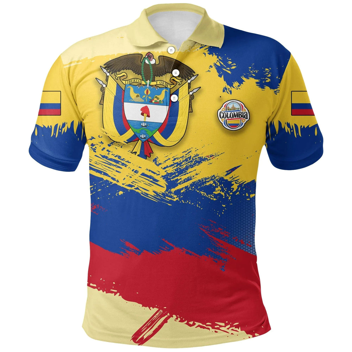 Colombia polo shirt, yellow and blue with red brush flag print and crest