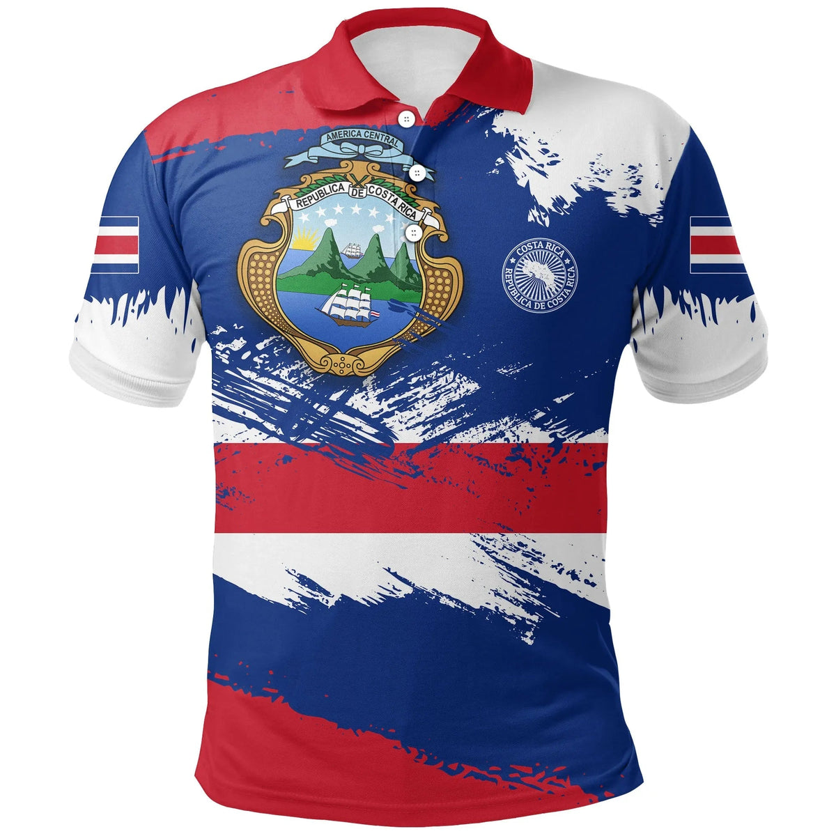 Red, blue & white Costa Rica polo with crest emblem and flag stripe sleeves