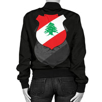 Black bomber jacket with Lebanese flag crest centered on back, ribbed collar and cuffs