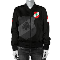 Black bomber jacket with Lebanese flag crest chest print and matching sleeve accents