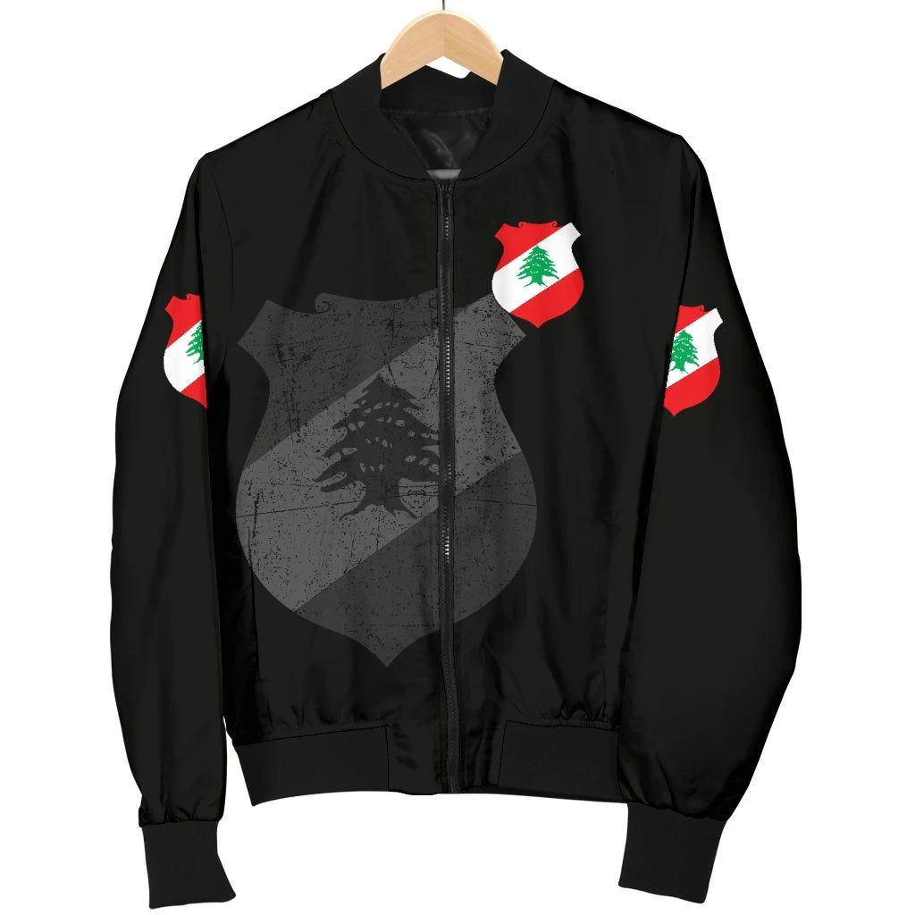 Black bomber jacket on hanger with Lebanese flag crest chest print and abstract gray graphic
