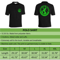 Black polo shirt with small front logo and back green “LOVE THE WORLD” emblem