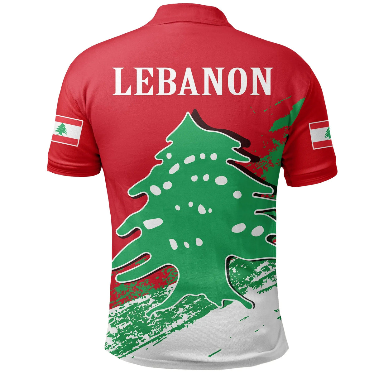 Red polo shirt back with LEBANON text, large tree graphic, and striped sleeve details