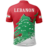 Red polo shirt back with LEBANON text, large tree graphic, and striped sleeve details