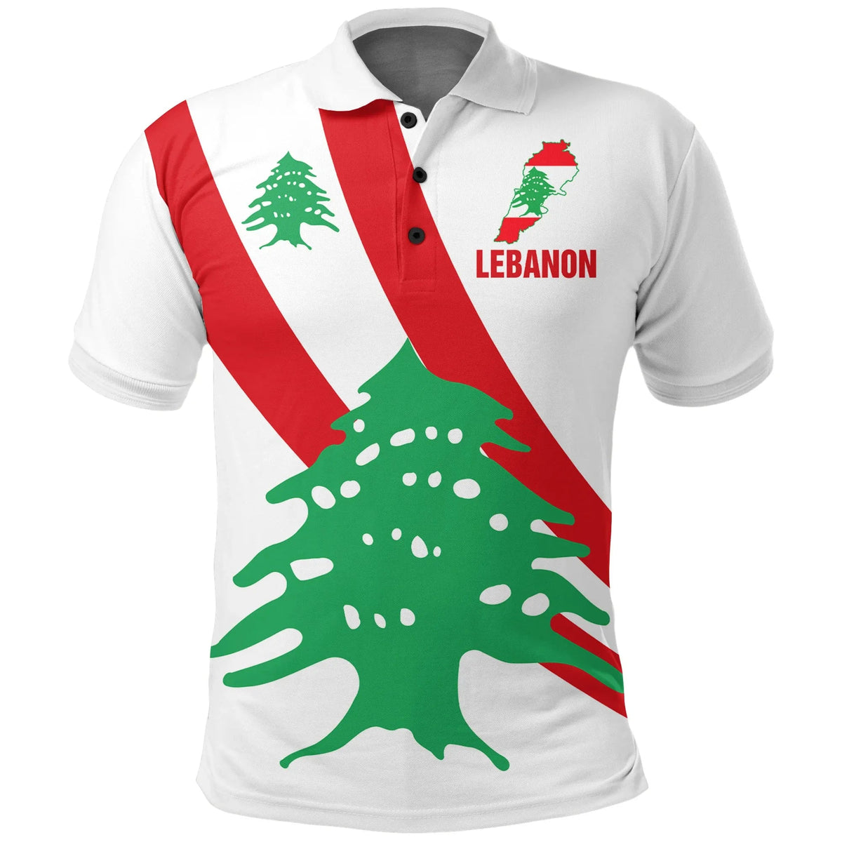 Lebanon flag all-over print polo shirt, white with red-and-green stripes and cedar graphic