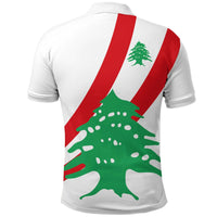 Back view polo shirt with Lebanon flag stripes and green cedar tree print on white