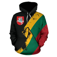 Black pullover hoodie with Lithuania crest and diagonal grunge green, yellow, red flag print