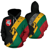Two black pullover hoodies: front with crest, back with white Lithuania text and flag print