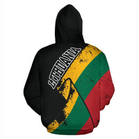 Black pullover hoodie back with large white Lithuania text and diagonal grunge flag stripes