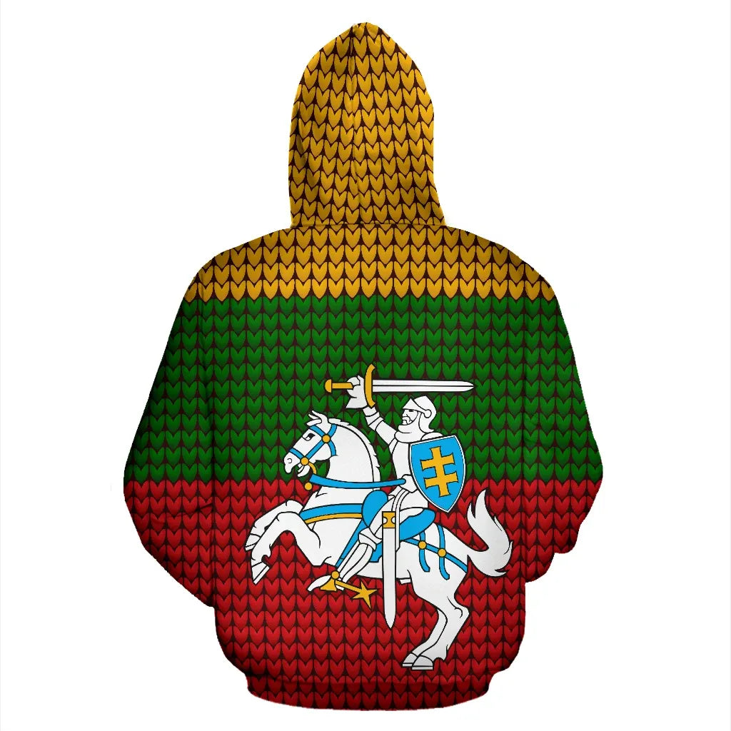 Lithuania zip hoodie, green-red knit with yellow hood and knight on horseback graphic