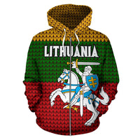 Lithuania zip hoodie, green-red knit with 'LITHUANIA' text and crest graphic