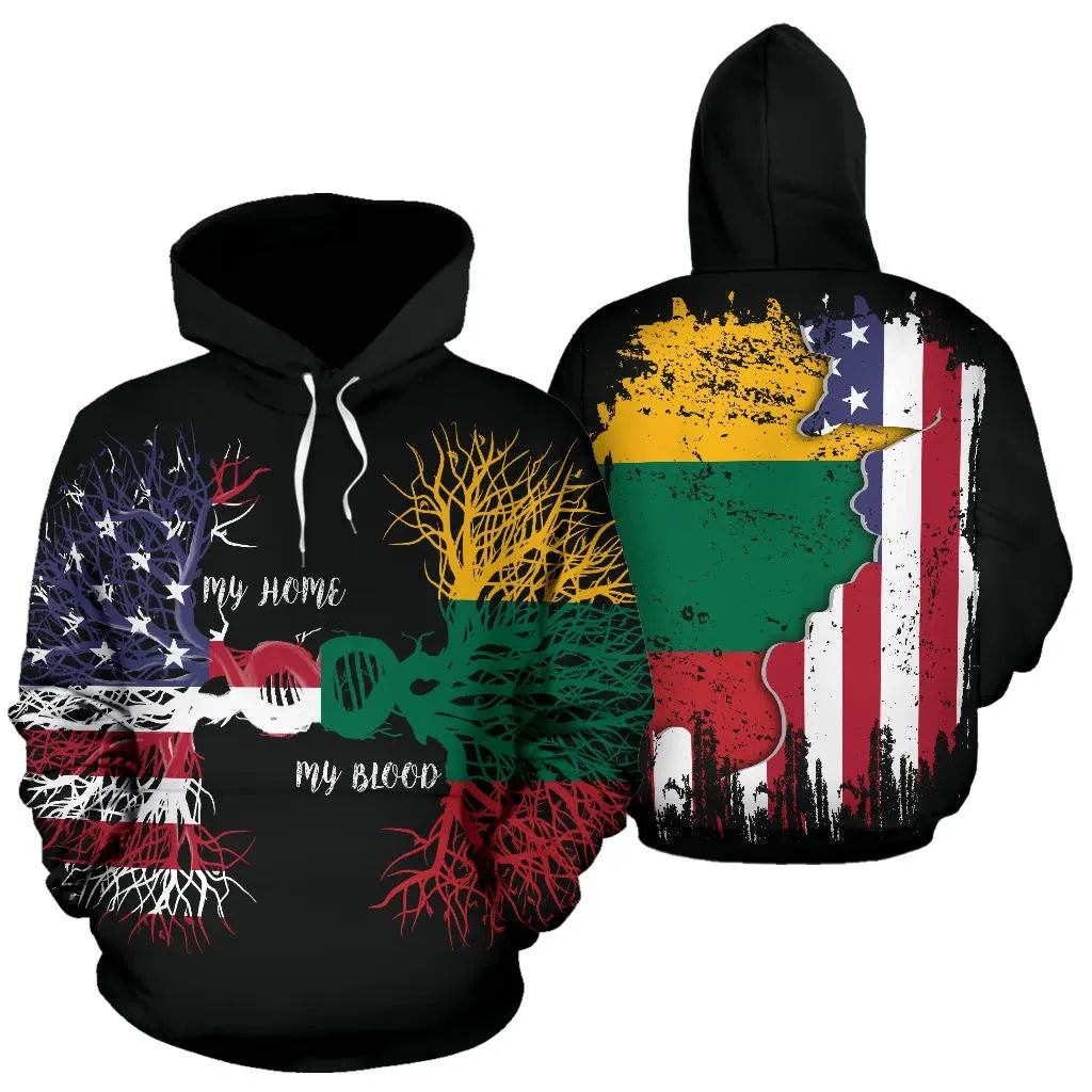 Zwart pulloverhoodie: voorkant wortelprint, achterkant VS-vlag op landkaart
