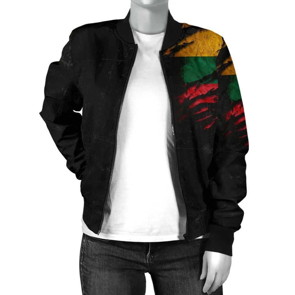 Black bomber jacket, front open with multicolor grunge stripe print on right shoulder