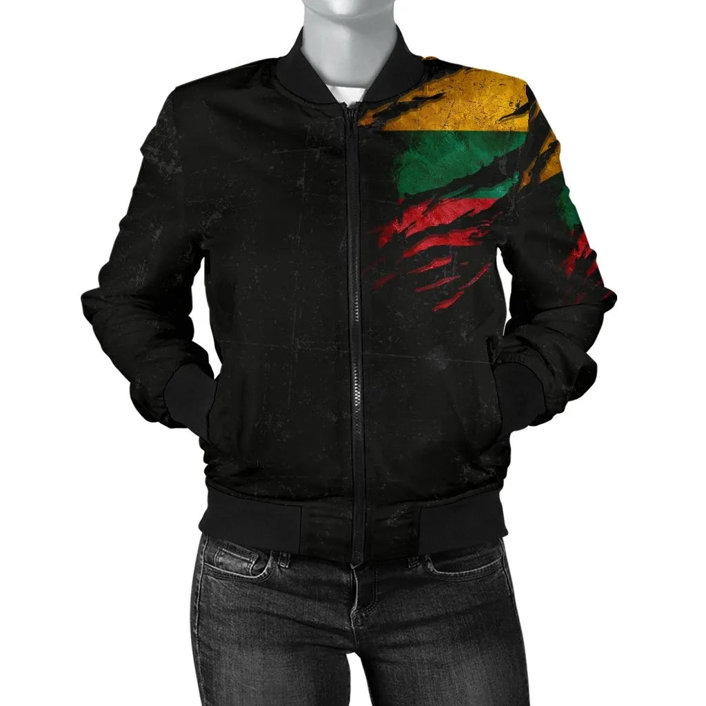 Women’s black bomber jacket with multicolor grunge stripe print on chest; zip front