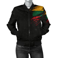 Women’s black bomber jacket with multicolor grunge stripe print on chest; zip front