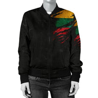 Front view: black women’s bomber jacket with multicolor grunge stripe detail at chest