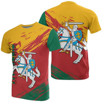 Multicolor Lithuania graphic T-shirt, yellow/green/red, knight with sword front print