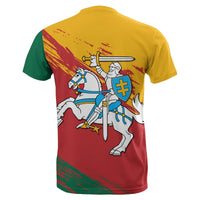 Side-angle multicolor Lithuania T-shirt, yellow upper, red lower, knight holding sword print