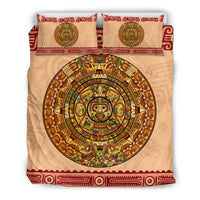 Aztec calendar duvet set with central sun glyph, beige background, red and green details