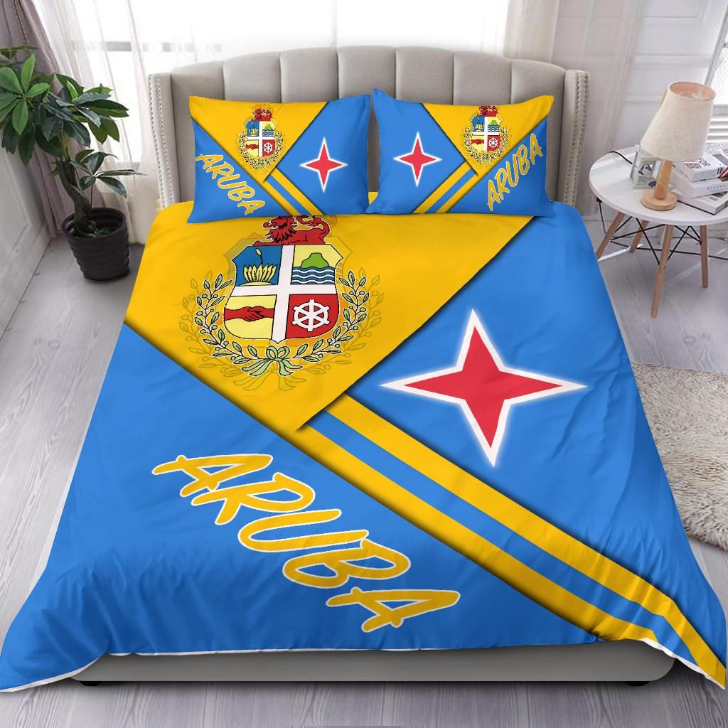 Aruba bedding set with blue and yellow duvet, coat of arms, red star, and Aruba text pillows