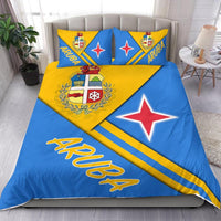 Aruba bedding set with blue and yellow duvet, coat of arms, red star, and Aruba text pillows