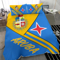 Aruba bedding set, blue and yellow: coat of arms, ARUBA lettering, and red star pillow set
