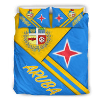 Aruba duvet and pillow set in blue/yellow with coat of arms, red star, and Aruba text