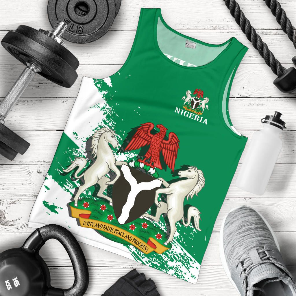 Flat-lay green Nigeria graphic tank top with sleeveless crew neck