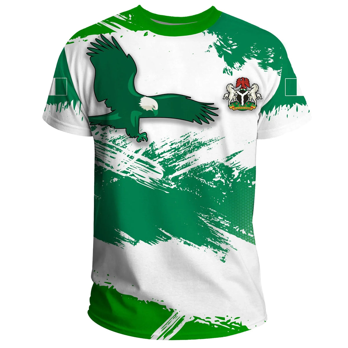 Nigeria T-shirt with eagle and crest on green/white brush flag print