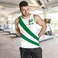 White Nigeria flag tank top on model, green diagonal stripes and Nigeria crest