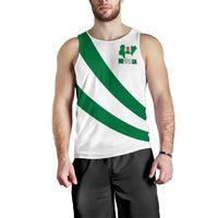 White Nigeria flag tank top on front view, green diagonal stripes and Nigeria crest