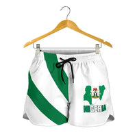 Front view: white Nigeria flag print womens shorts with black tie waist.