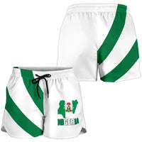 White Nigeria flag print shorts with green diagonal stripe and black drawstring.
