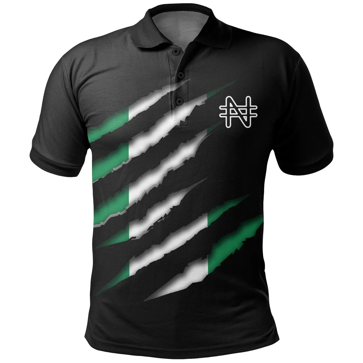 Black polo shirt with Nigeria-style diagonal graphic and white/green emblem on chest