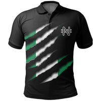 Black polo shirt with Nigeria-style diagonal graphic and white/green emblem on chest