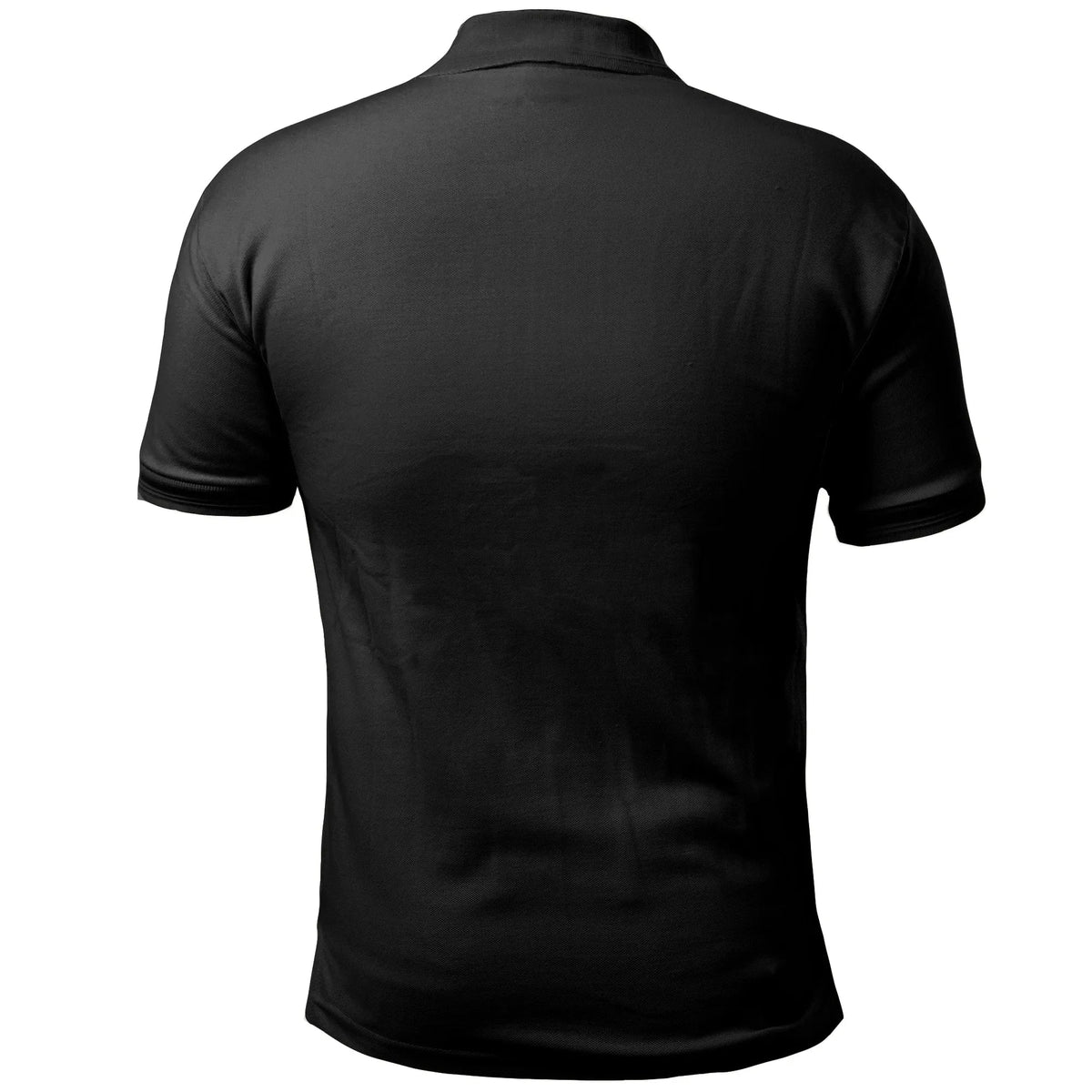 Black polo shirt back view, plain design with ribbed collar and short sleeves
