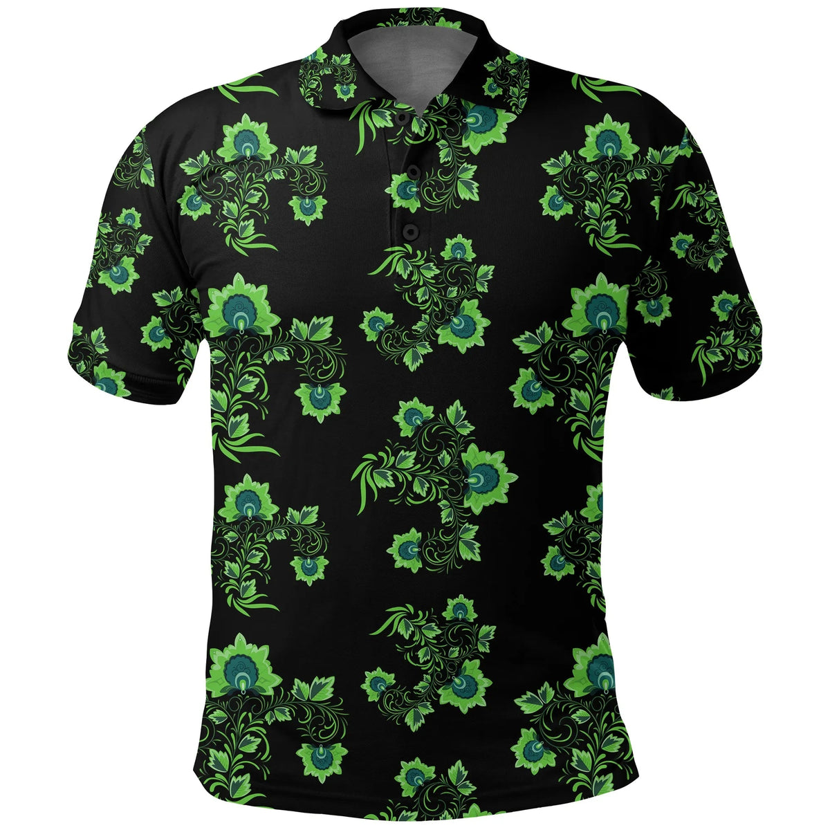 Black polo shirt with bright green and blue floral pattern, button-front and collar
