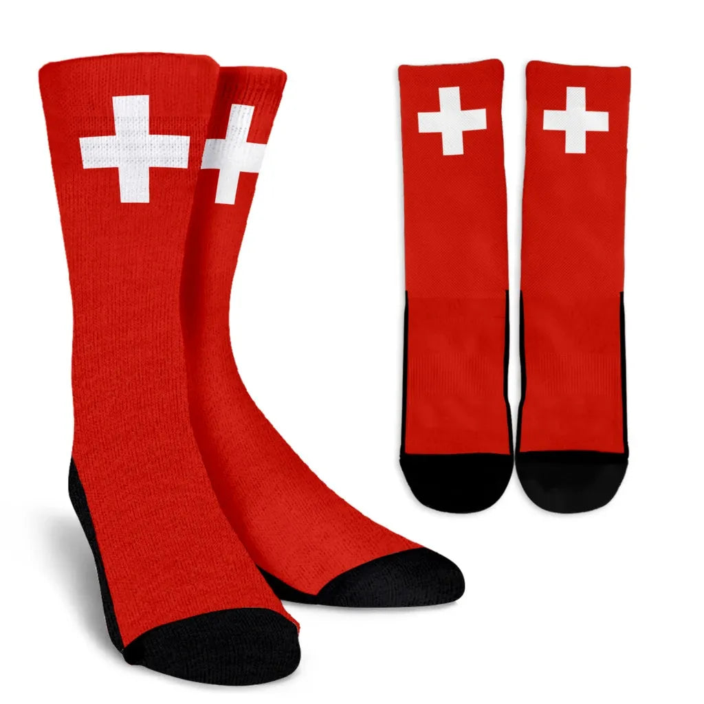 Red crew socks with white Swiss cross design and black toe and heel