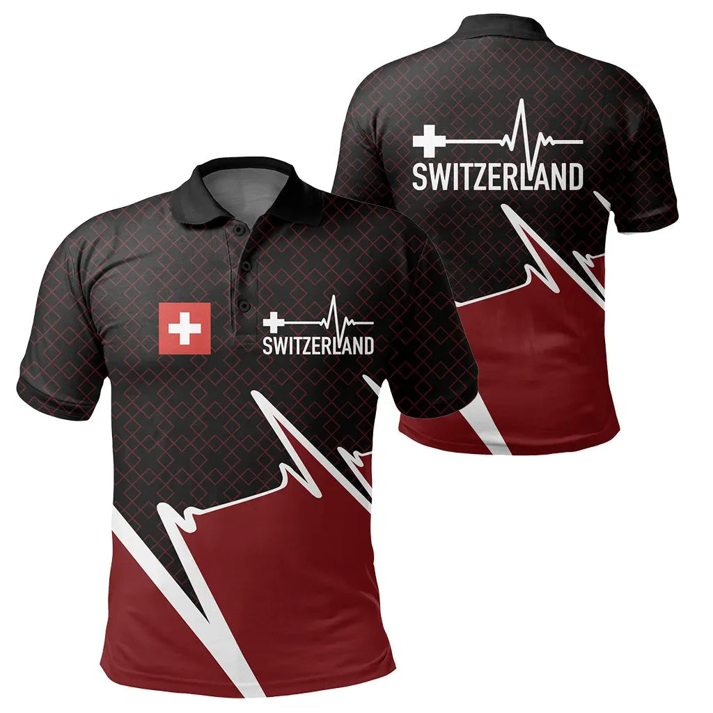 Dark polo with red lower panel, Switzerland cross and heartbeat print, front