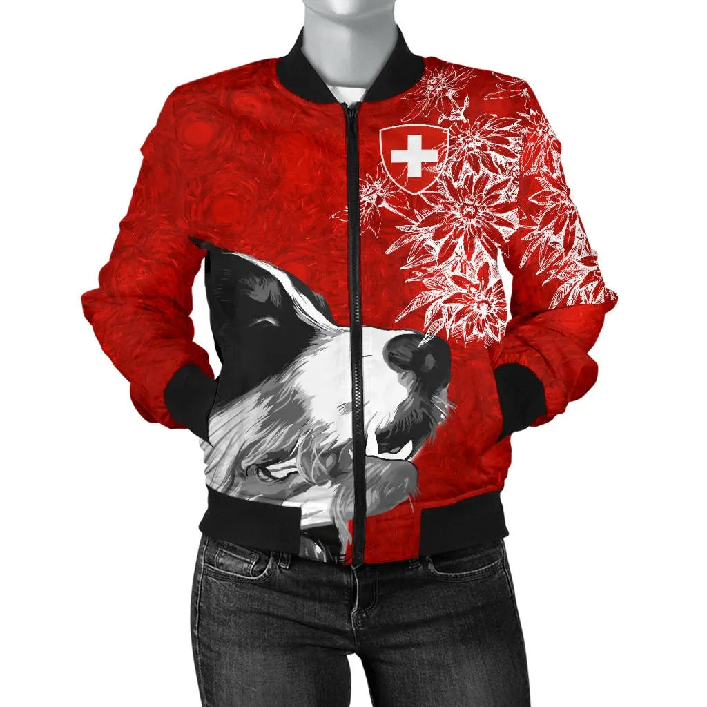 Switzerland Women's Bomber Jacket Bernese Mountain Dog and Edelweiss RLT13 - Wonder Print Shop