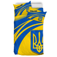 Blue and yellow duvet set with Ukrainian trident shield, wave stripes, and two pillowcases