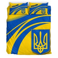 Yellow and blue striped duvet with Ukrainian trident shield and two matching pillowcases
