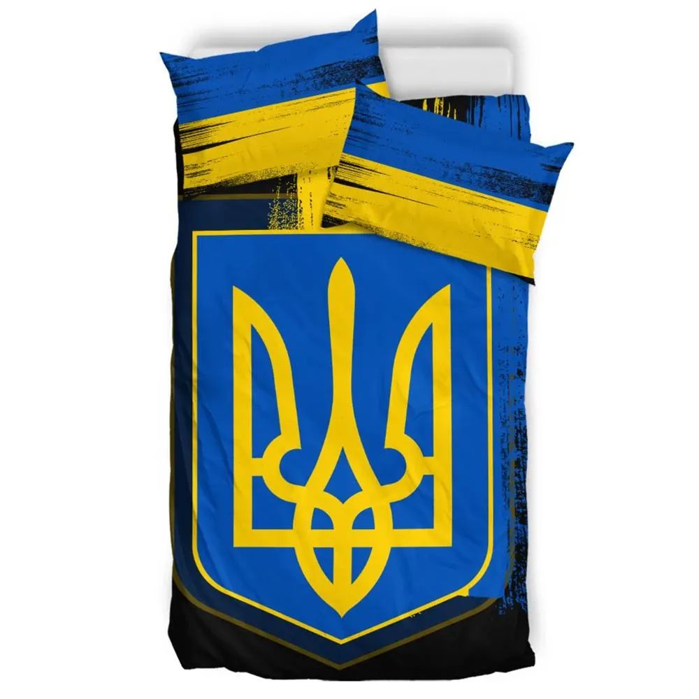 Ukrainian emblem bedding set with blue/yellow flag design and black bottom, stacked pillows