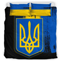 Front view Ukrainian flag bedding set with large blue square trident on blue and black