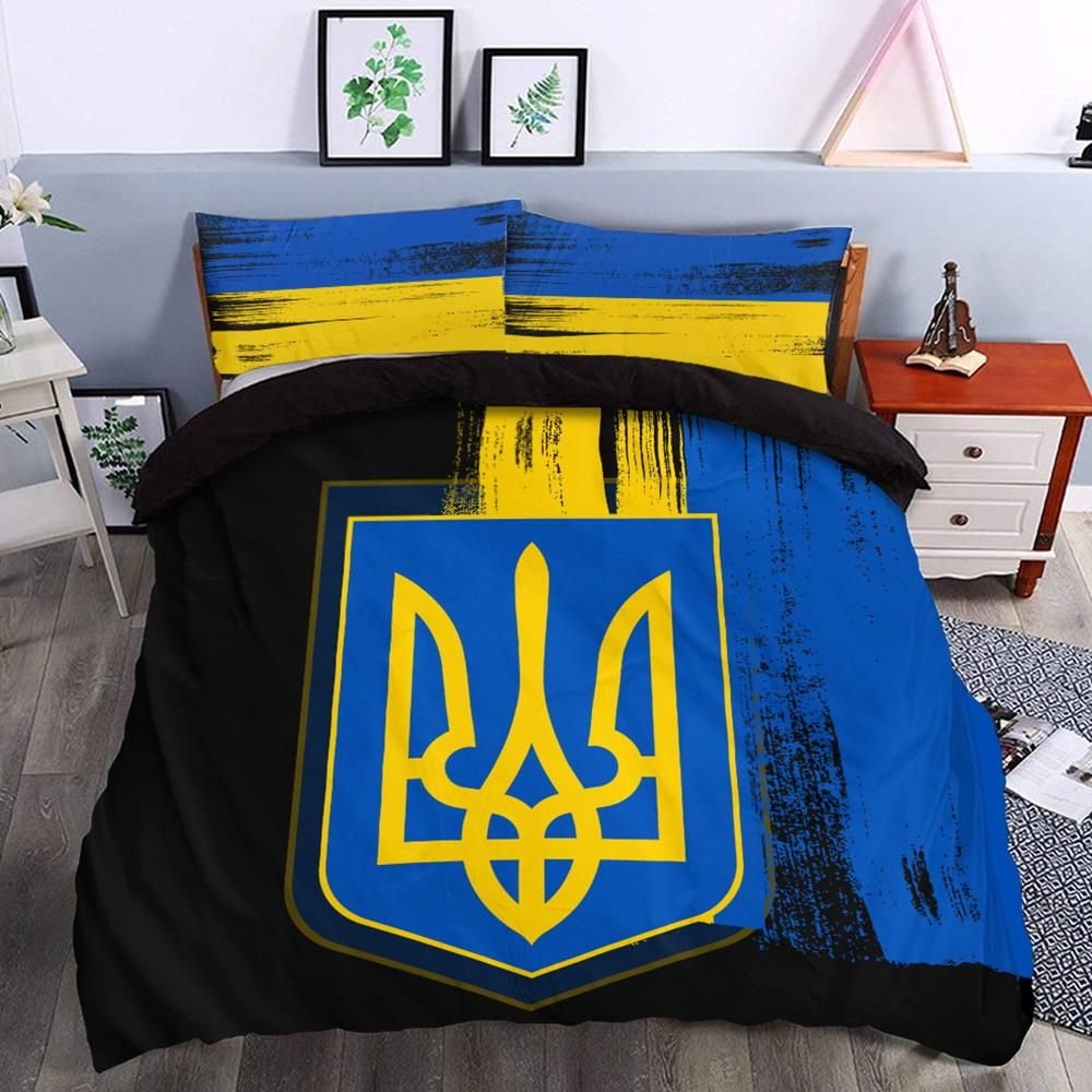 Bed with Ukrainian trident flag bedding set: blue/yellow stripes, black base, two pillows
