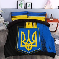 Bed with Ukrainian trident flag bedding set: blue/yellow stripes, black base, two pillows