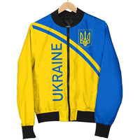 Hanging bomber jacket with Ukraine flag design, vertical “UKRAINE” print, ribbed hem