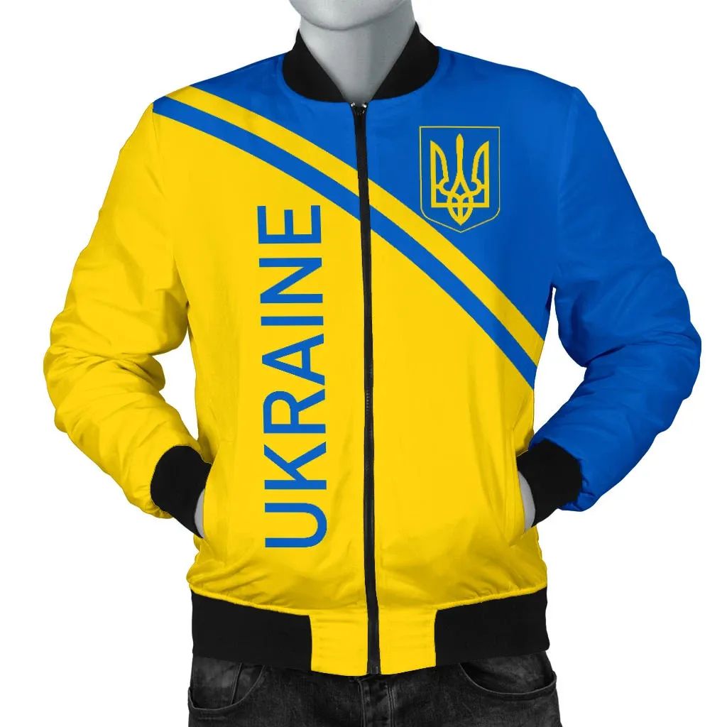 Men’s bomber jacket with Ukraine flag print, front zip, blue & yellow diagonal stripe