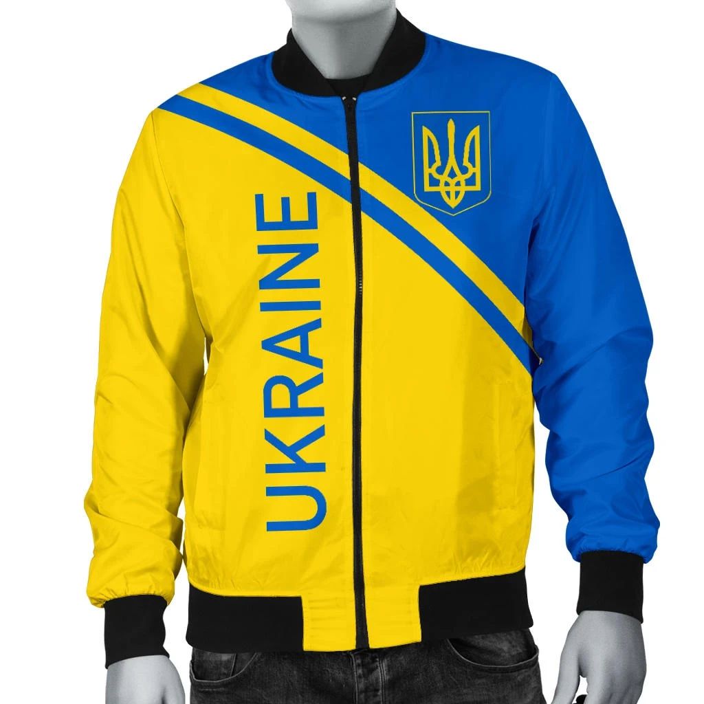 Bomber jacket front, vertical “UKRAINE” print, blue/yellow diagonal panels, ribbed cuffs